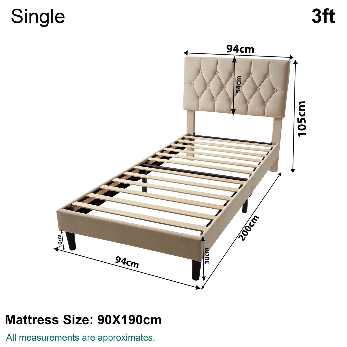 Single size Blisswood Chesterfield bed frame with cream velvet upholstery and adjustable headboard, dimensions 90x190cm.