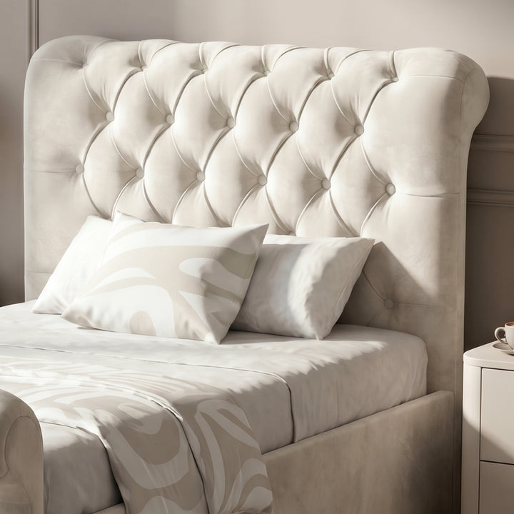 [Single | Beige] tall upholstered headboard in a light beige tufted fabric, shown on a bed with white bedding and a white pillow in a styled bedroom setting.