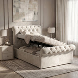 [Single | Beige] An upholstered storage bed in a warm cream or light beige fabric, shown in a styled bedroom setting