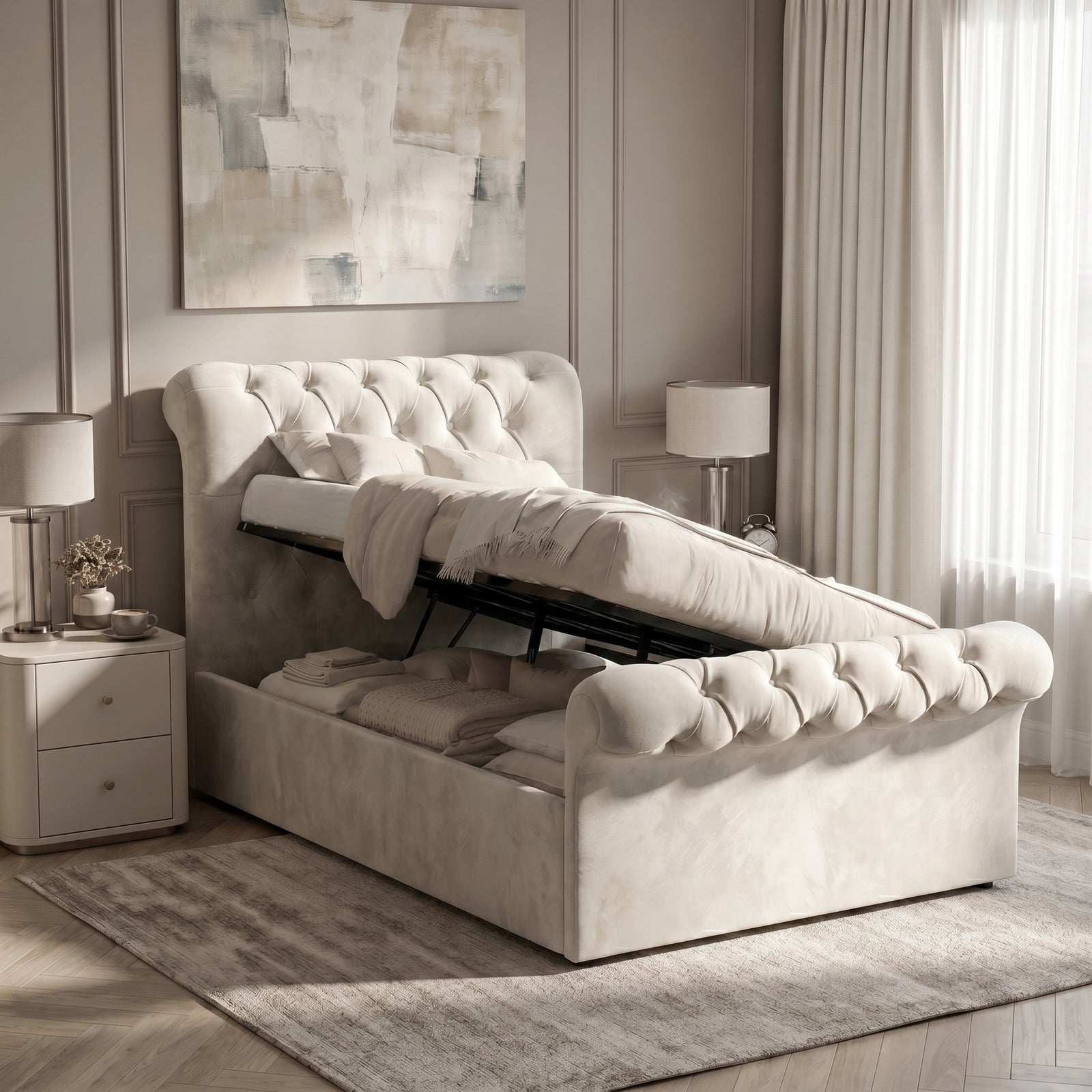 [Single | Beige] An upholstered storage bed in a warm cream or light beige fabric, shown in a styled bedroom setting