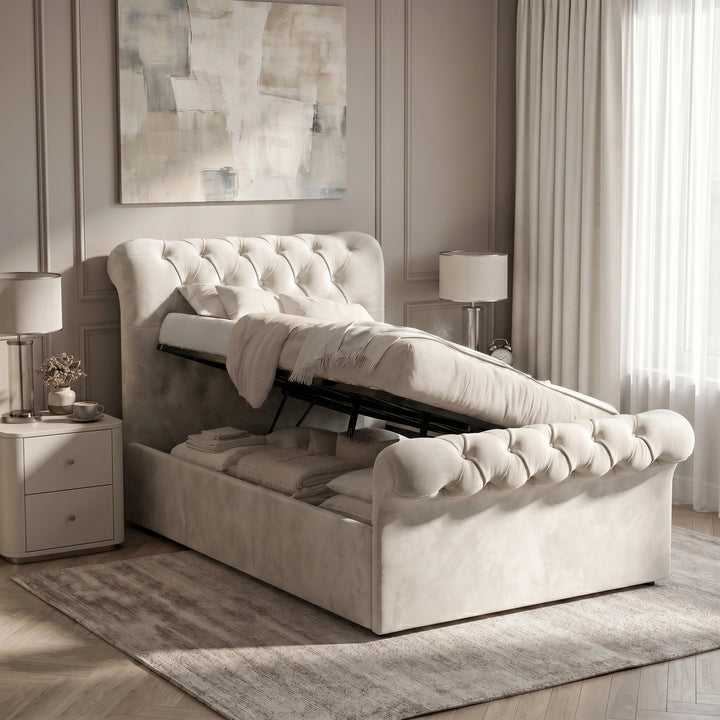 [Single | Beige] An upholstered storage bed in a warm cream or light beige fabric, shown in a styled bedroom setting