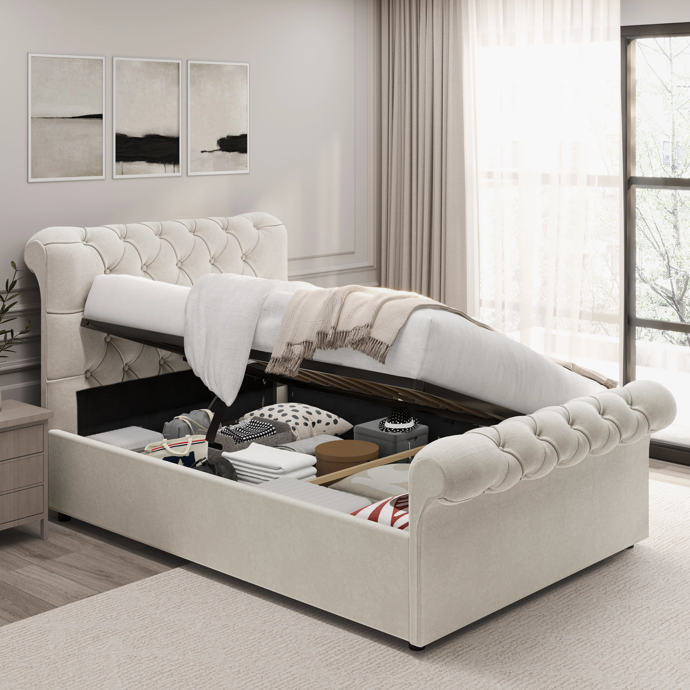 Beige single ottoman bed with side lift open, revealing spacious underbed storage, ideal for maximizing bedroom space.