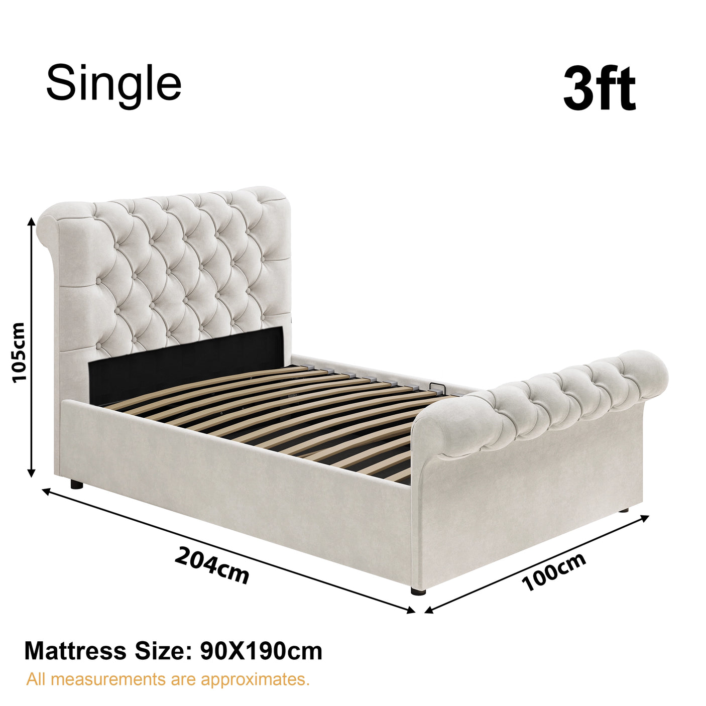 Single size beige ottoman bed frame dimensions: 204cm x 100cm, mattress size 90x190cm, side lift storage functionality.