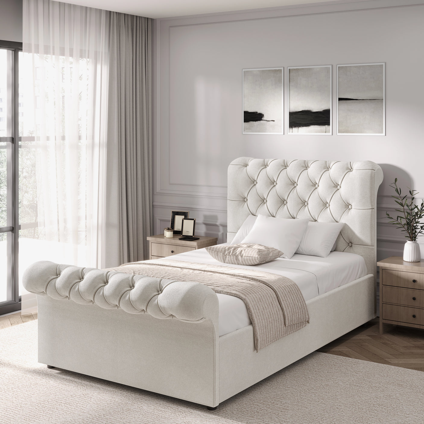 Beige Chesterfield single ottoman bed with rolled headboard and footboard, classic tufted design for elegant bedroom decor.