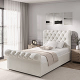 Beige Chesterfield single ottoman bed with rolled headboard and footboard, classic tufted design for elegant bedroom decor.