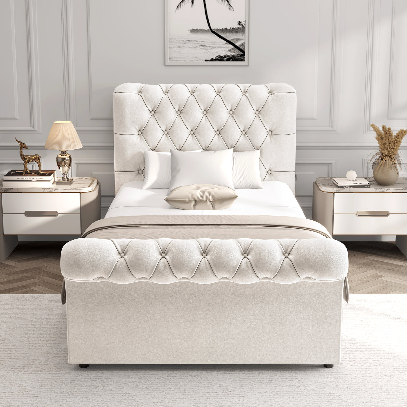 Front view of beige Chesterfield single bed with side lift storage, featuring plush upholstery and timeless tufted style.