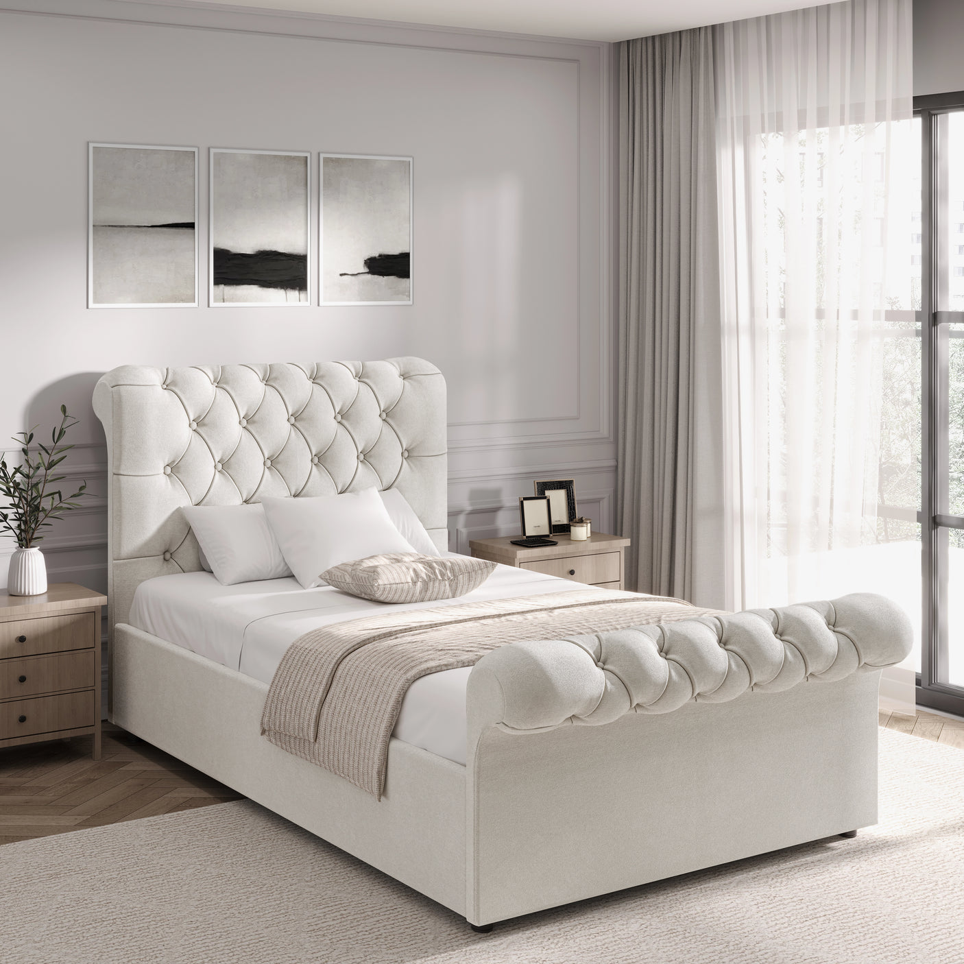 Beige Chesterfield Ottoman Storage Bed in single size, side lift bed frame with tufted headboard and footboard, soft neutral tone.