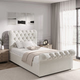 Beige Chesterfield Ottoman Storage Bed in single size, side lift bed frame with tufted headboard and footboard, soft neutral tone.
