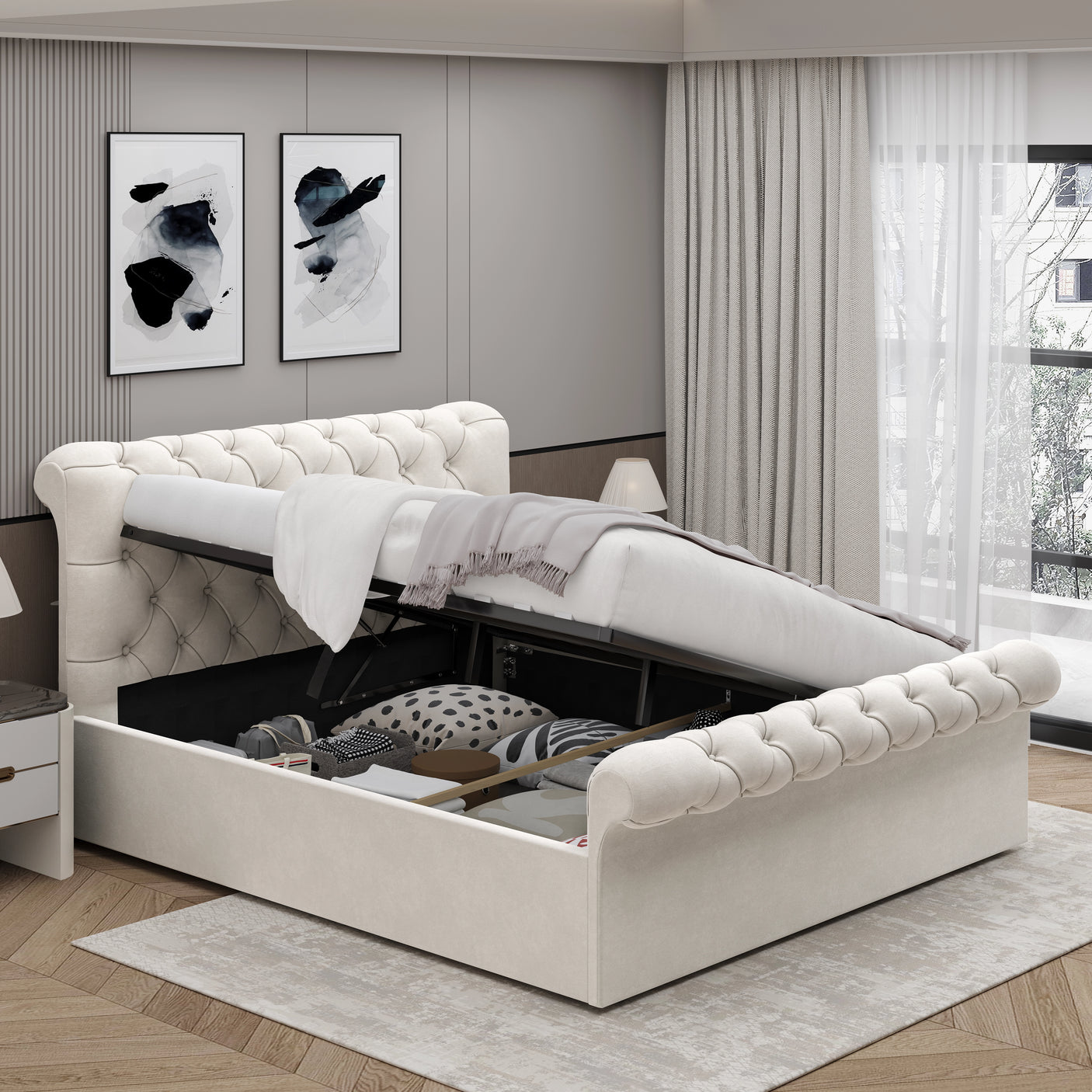 Beige small double ottoman bed with mattress lifted, showing spacious underbed storage compartments for organized living.