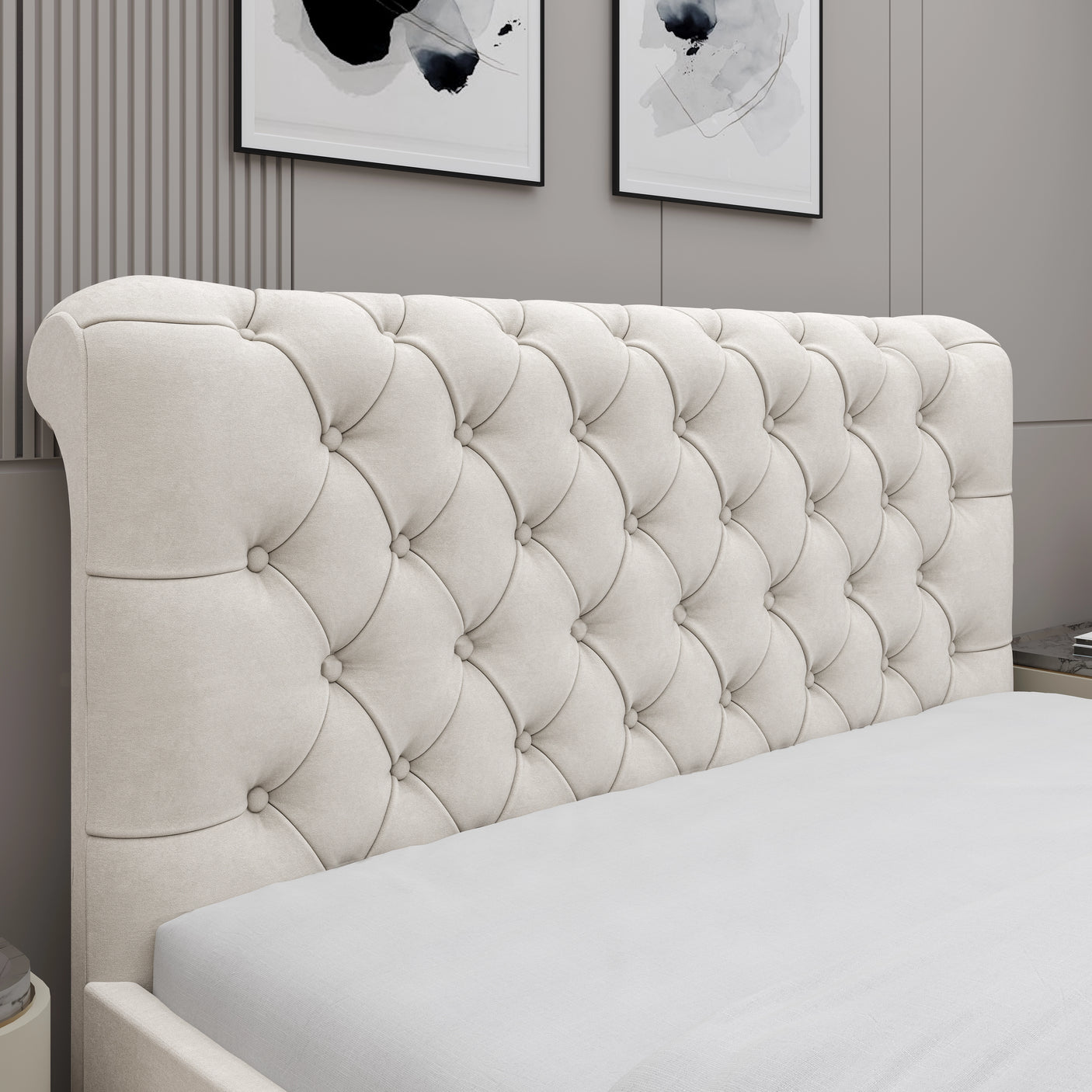 Close-up of beige Chesterfield headboard with deep button tufting, part of the small double ottoman bed collection.