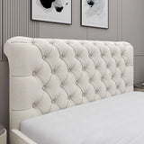 Close-up of beige Chesterfield headboard with deep button tufting, part of the small double ottoman bed collection.