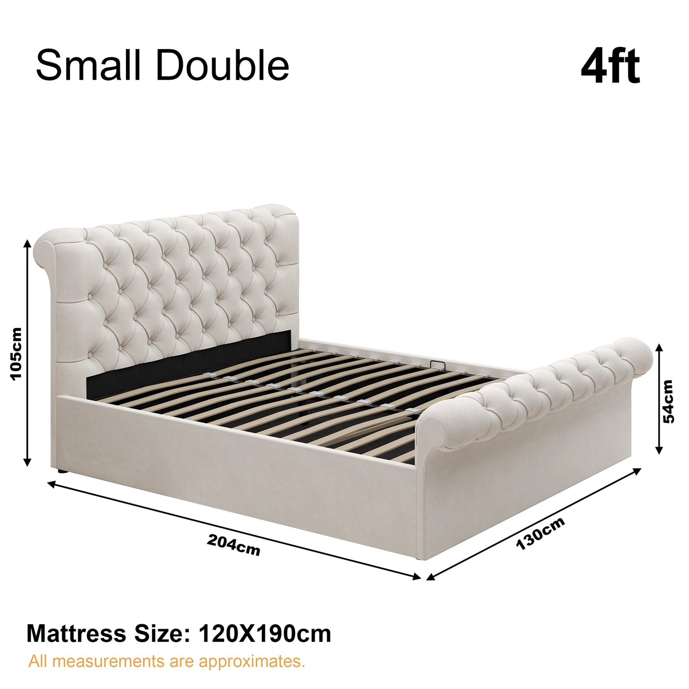 Small double beige ottoman bed frame dimensions: 204cm x 130cm, mattress size 120x190cm, side lift storage bed.