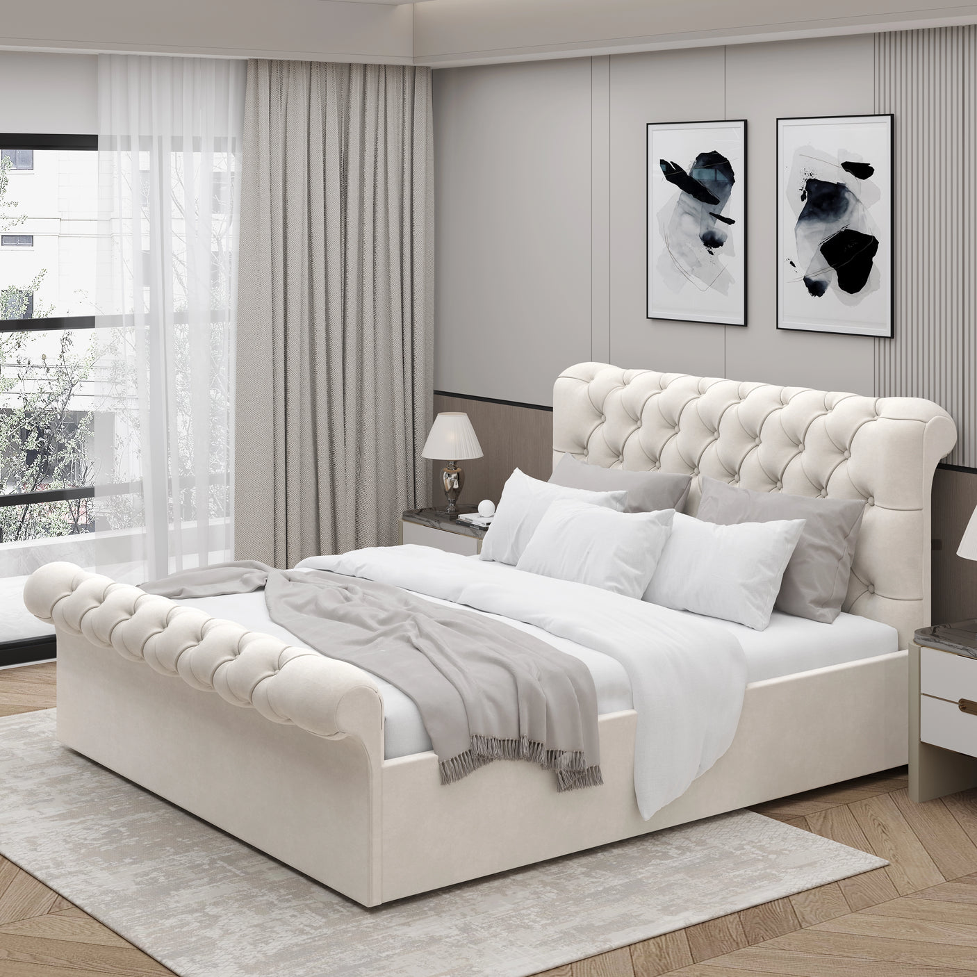 Beige small double Chesterfield bed with tufted headboard and footboard, ideal for stylish and space-efficient bedrooms.