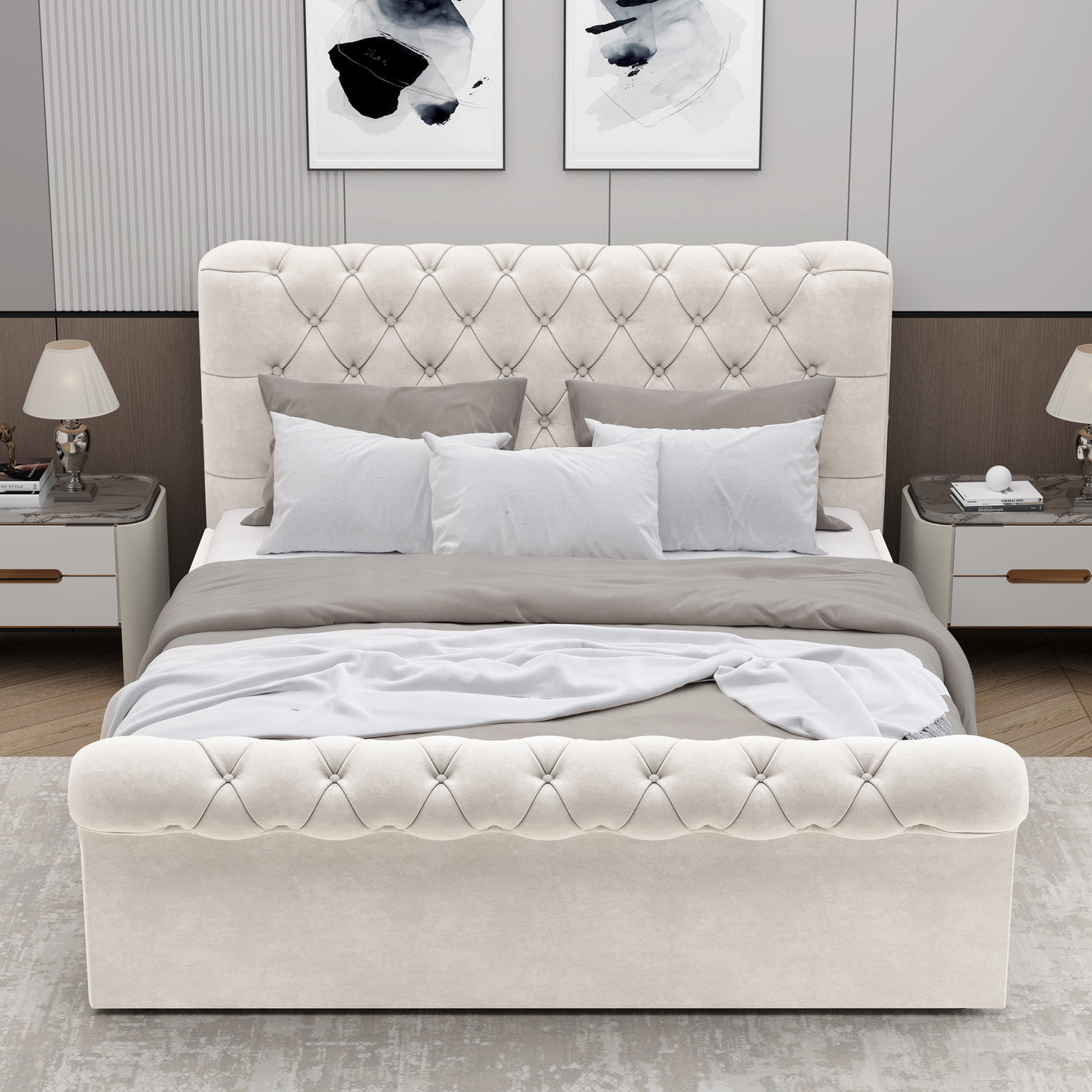 Front view of beige small double ottoman bed with plush upholstery and side lift storage, classic Chesterfield design.