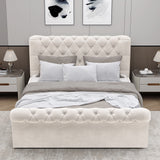 Front view of beige small double ottoman bed with plush upholstery and side lift storage, classic Chesterfield design.