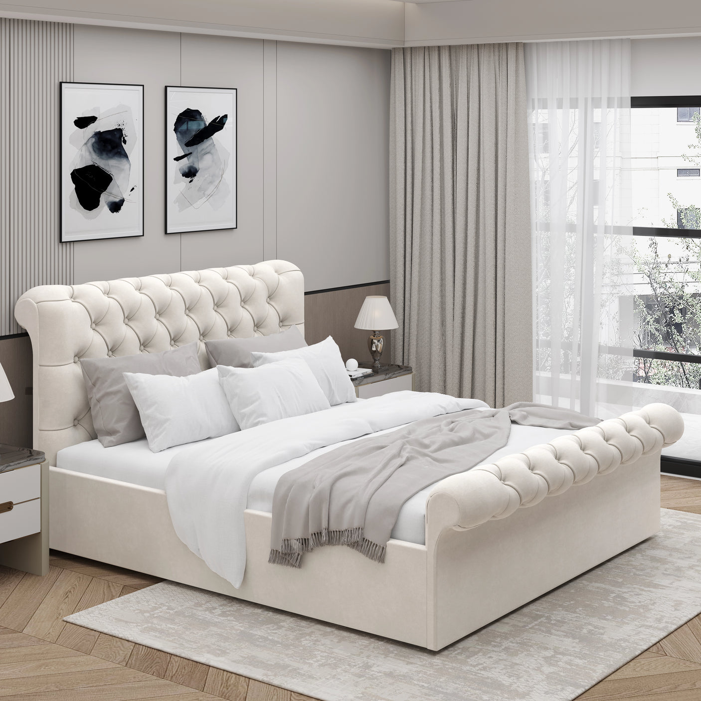 Beige Chesterfield Ottoman Storage Bed in small double size, side lift ottoman bed frame with classic tufted design.