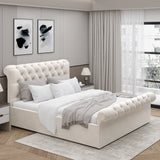 Beige Chesterfield Ottoman Storage Bed in small double size, side lift ottoman bed frame with classic tufted design.