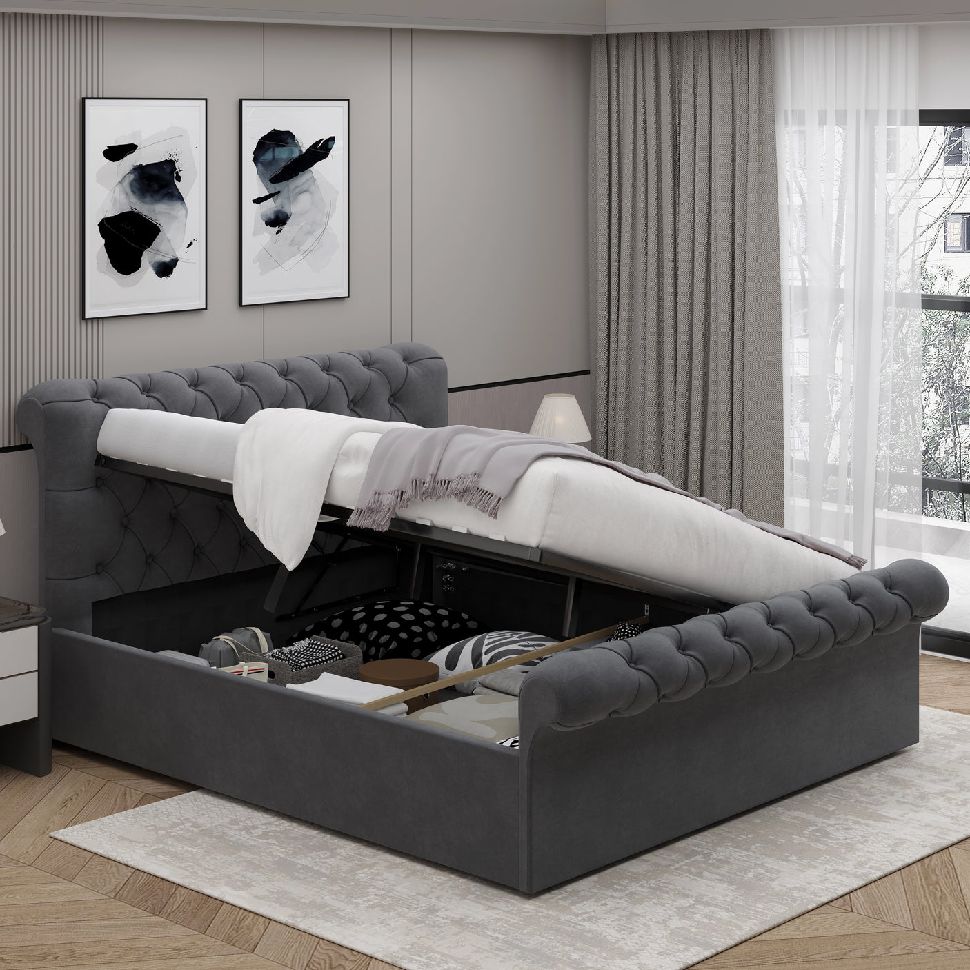 Double size dark grey ottoman bed with side lift open, revealing large underbed storage compartments for bedroom essentials.