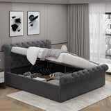 Double size dark grey ottoman bed with side lift open, revealing large underbed storage compartments for bedroom essentials.
