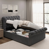 Side lift ottoman bed frame in dark grey velvet, single size with underbed storage open, showcasing ample hidden storage space.