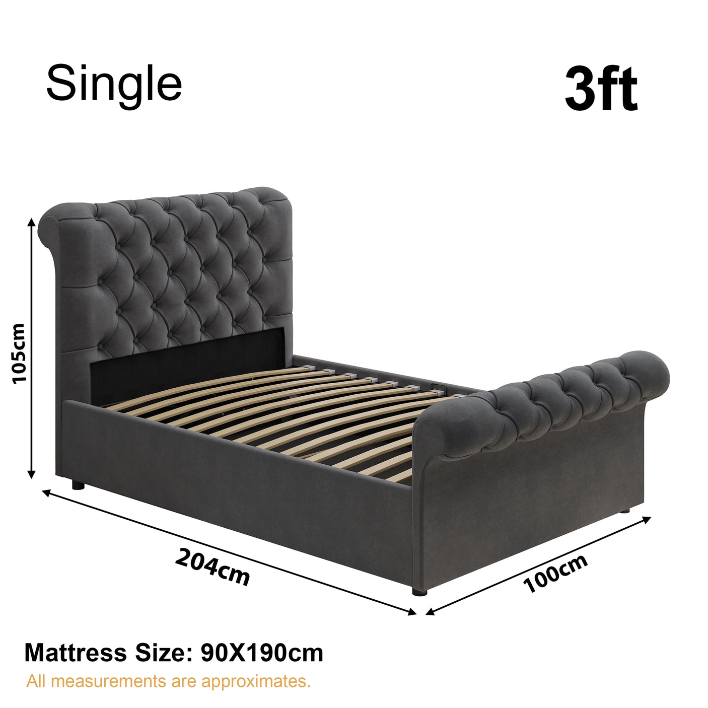 Single size Chesterfield Ottoman Storage Bed dimensions: 204cm x 100cm, mattress size 90x190cm, side lift ottoman bed frame.