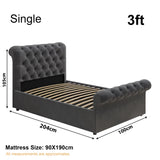 Single size Chesterfield Ottoman Storage Bed dimensions: 204cm x 100cm, mattress size 90x190cm, side lift ottoman bed frame.