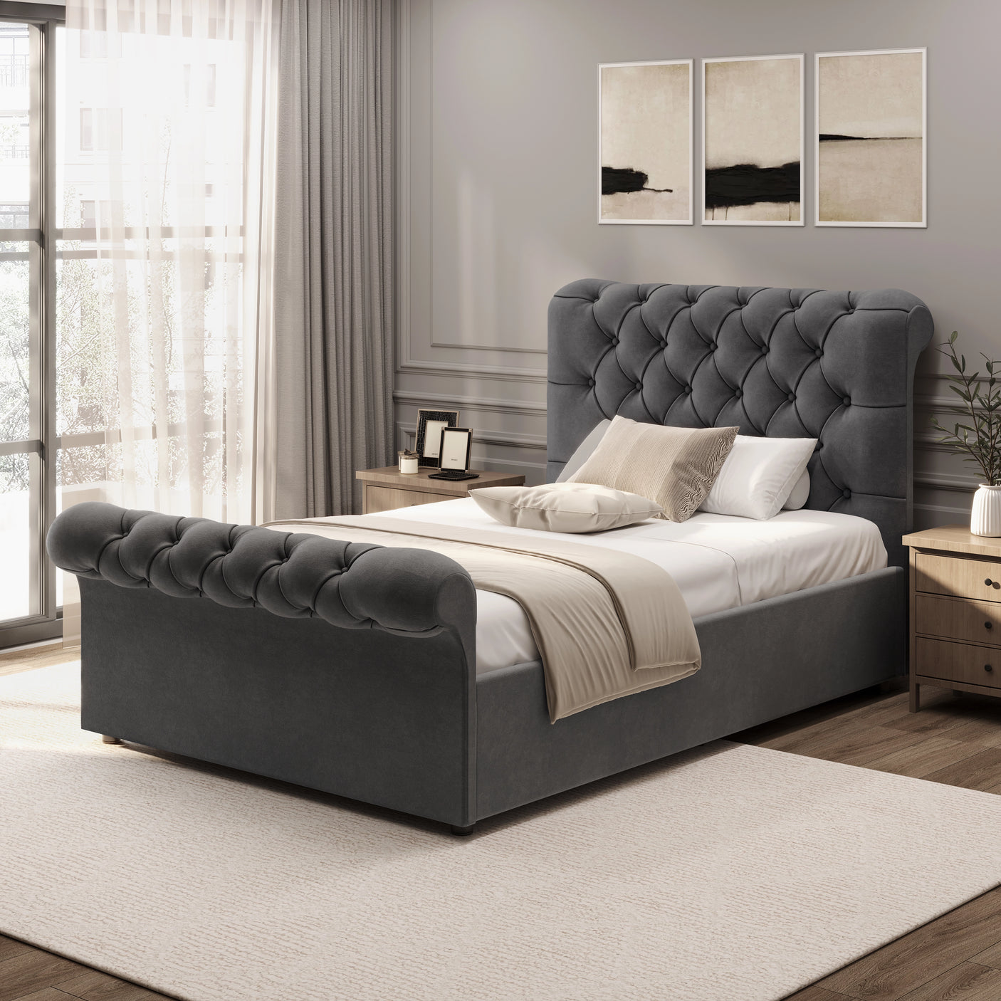 Dark grey Chesterfield single ottoman bed with rolled headboard and footboard, classic tufted design, ideal for modern bedrooms.