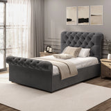 Dark grey Chesterfield single ottoman bed with rolled headboard and footboard, classic tufted design, ideal for modern bedrooms.