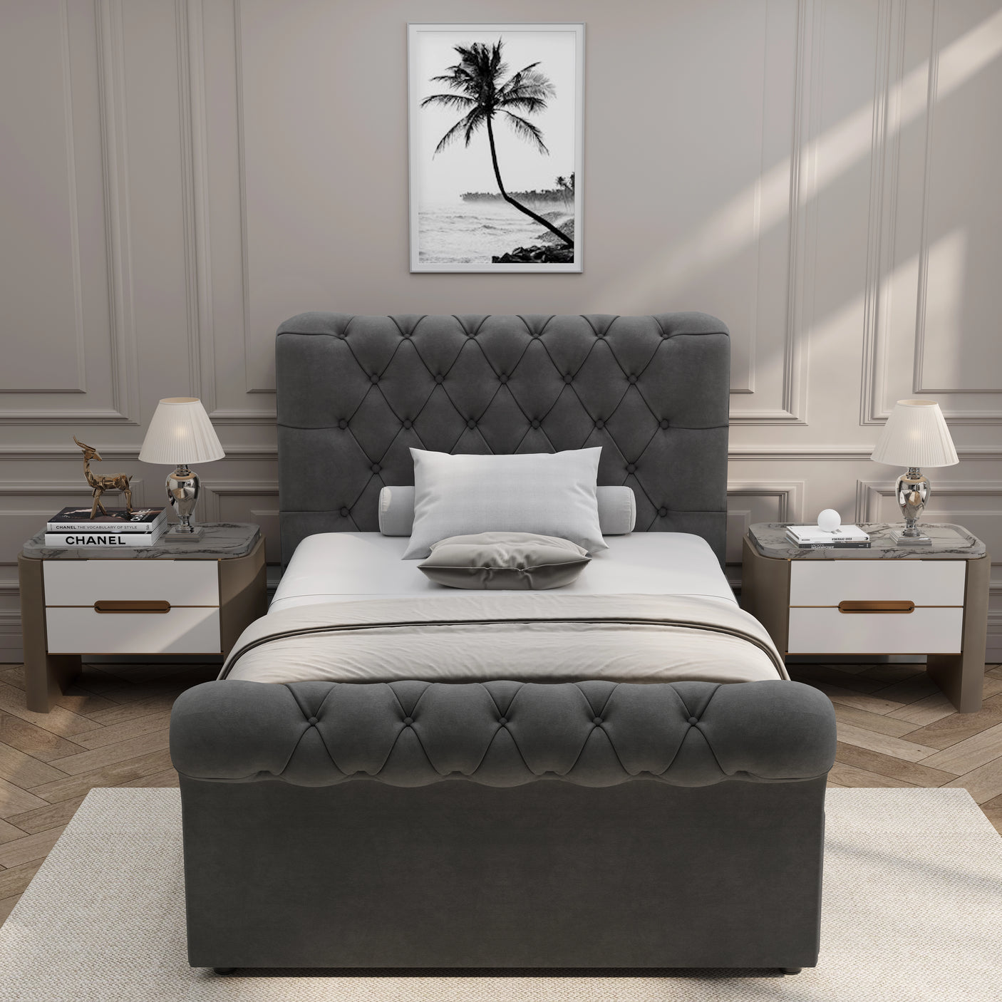 Front view of single Chesterfield Ottoman Storage Bed in dark grey, featuring plush tufted upholstery and elegant design.