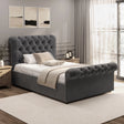 Chesterfield Ottoman Storage Bed in dark grey with side lift mechanism, single size, tufted headboard and footboard, elegant bedroom furniture.