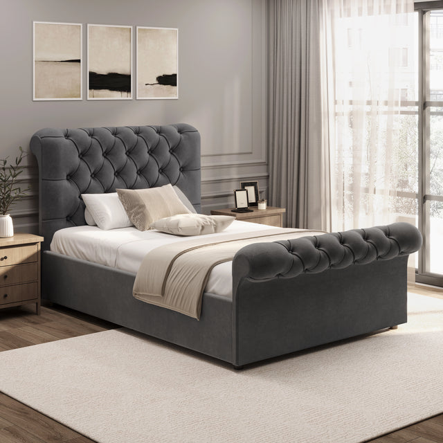 Chesterfield Ottoman Storage Bed in dark grey with side lift mechanism, single size, tufted headboard and footboard, elegant bedroom furniture.