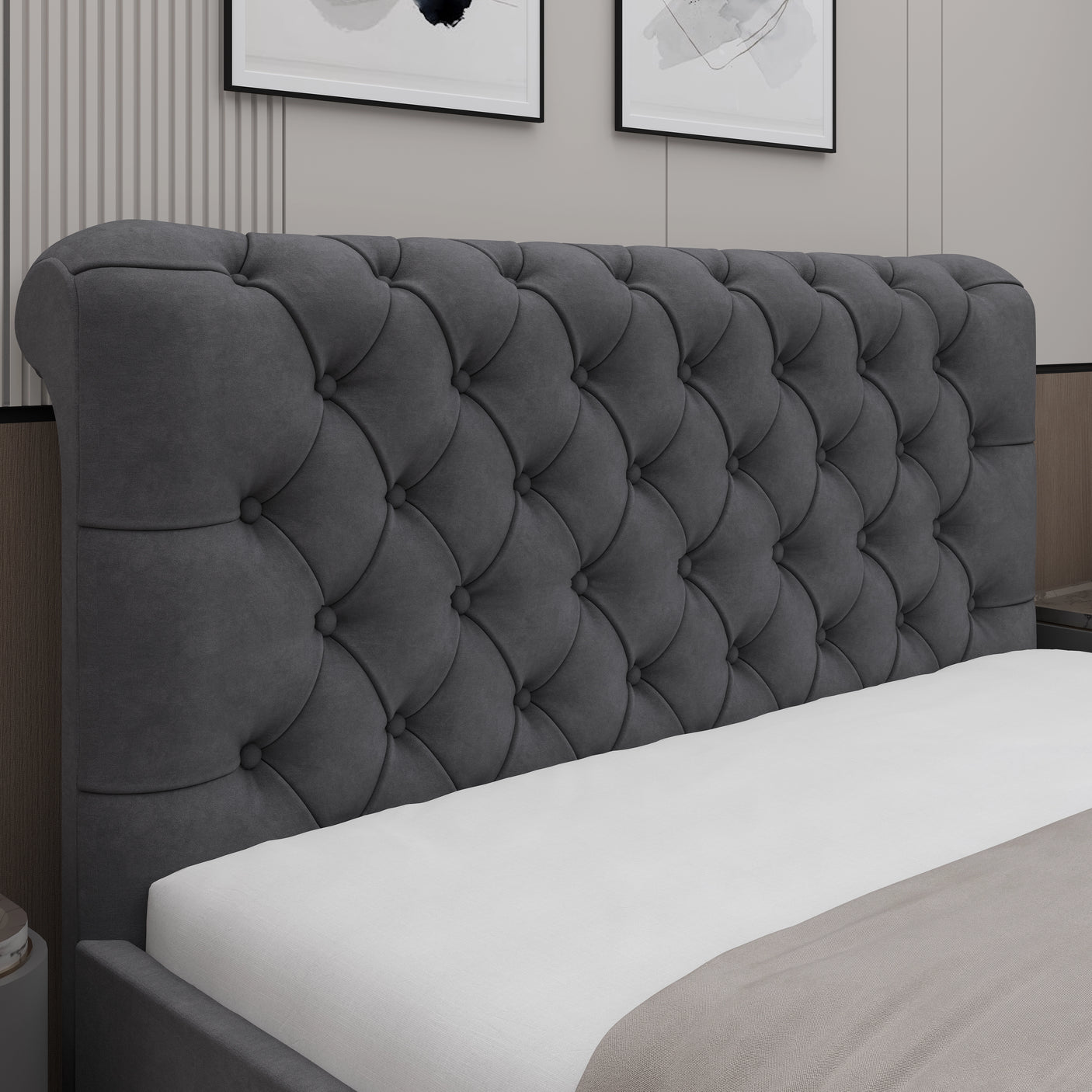 Close-up of king size dark grey Chesterfield headboard with deep button tufting, part of the ottoman storage bed collection.