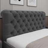Close-up of king size dark grey Chesterfield headboard with deep button tufting, part of the ottoman storage bed collection.