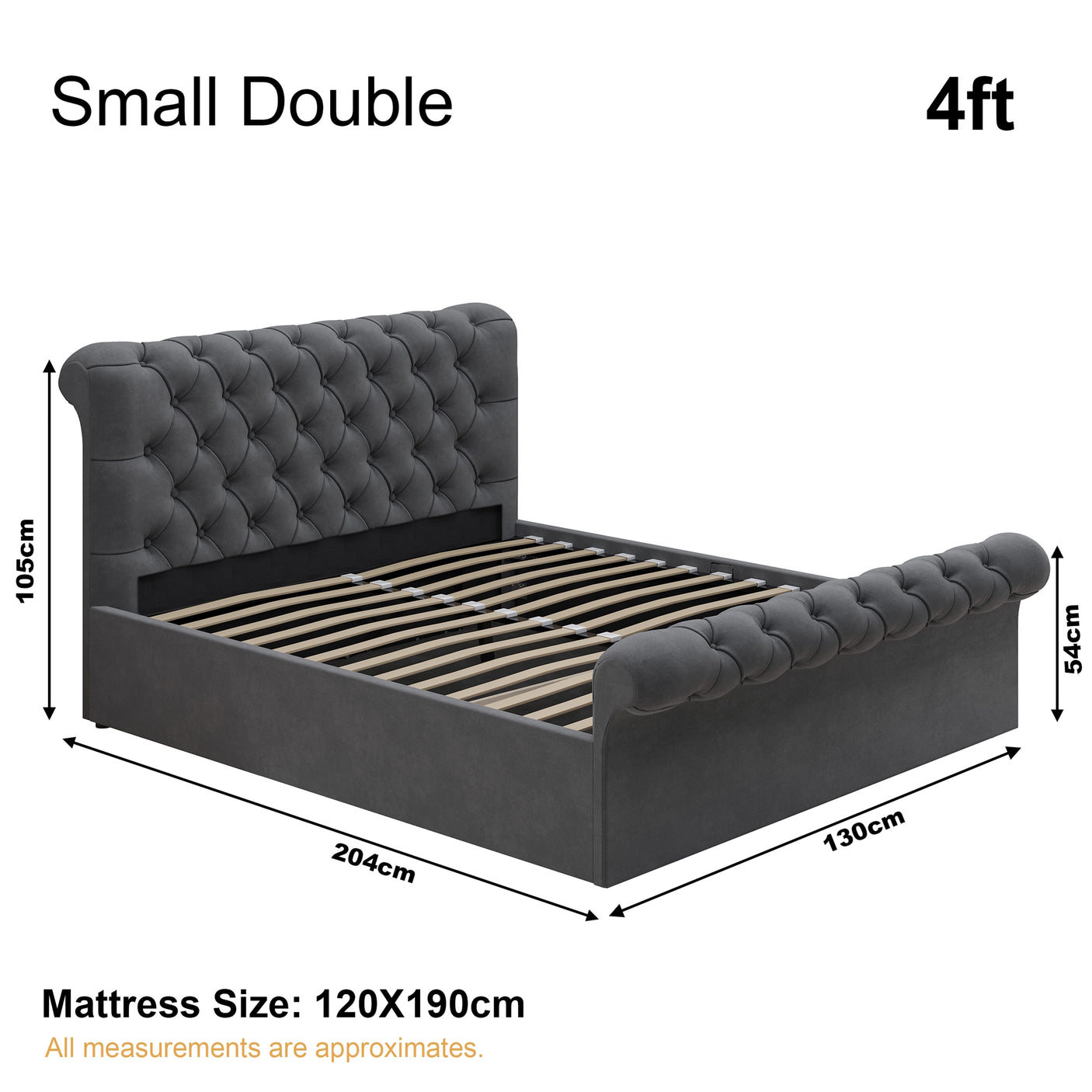 Small double dark grey Chesterfield ottoman bed frame dimensions: 204cm x 130cm, mattress size 120x190cm, side lift storage.