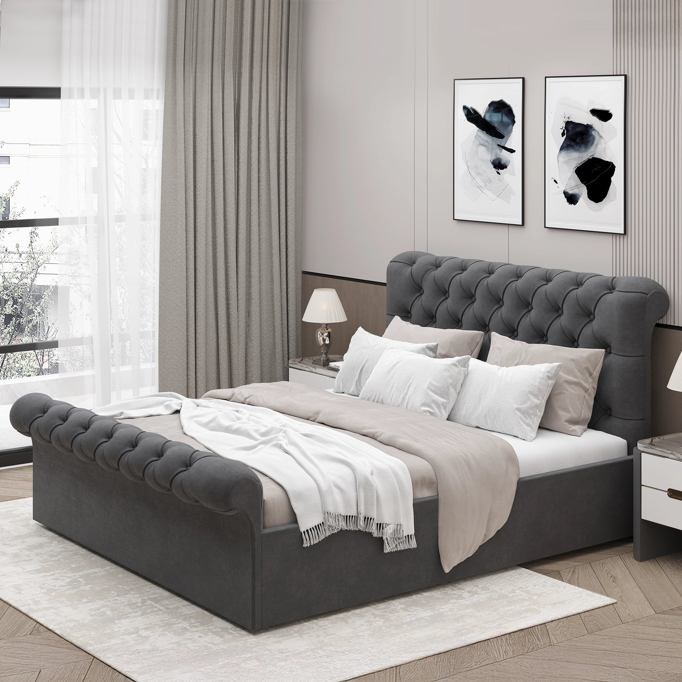 Dark grey small double Chesterfield bed with tufted design and rolled edges, perfect for stylish and functional bedrooms.