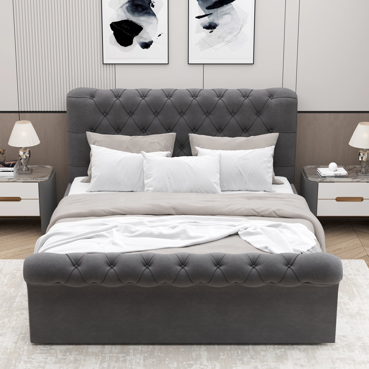 Front view of small double dark grey Chesterfield ottoman bed, featuring plush velvet upholstery and side lift storage.