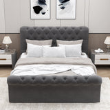 Front view of small double dark grey Chesterfield ottoman bed, featuring plush velvet upholstery and side lift storage.