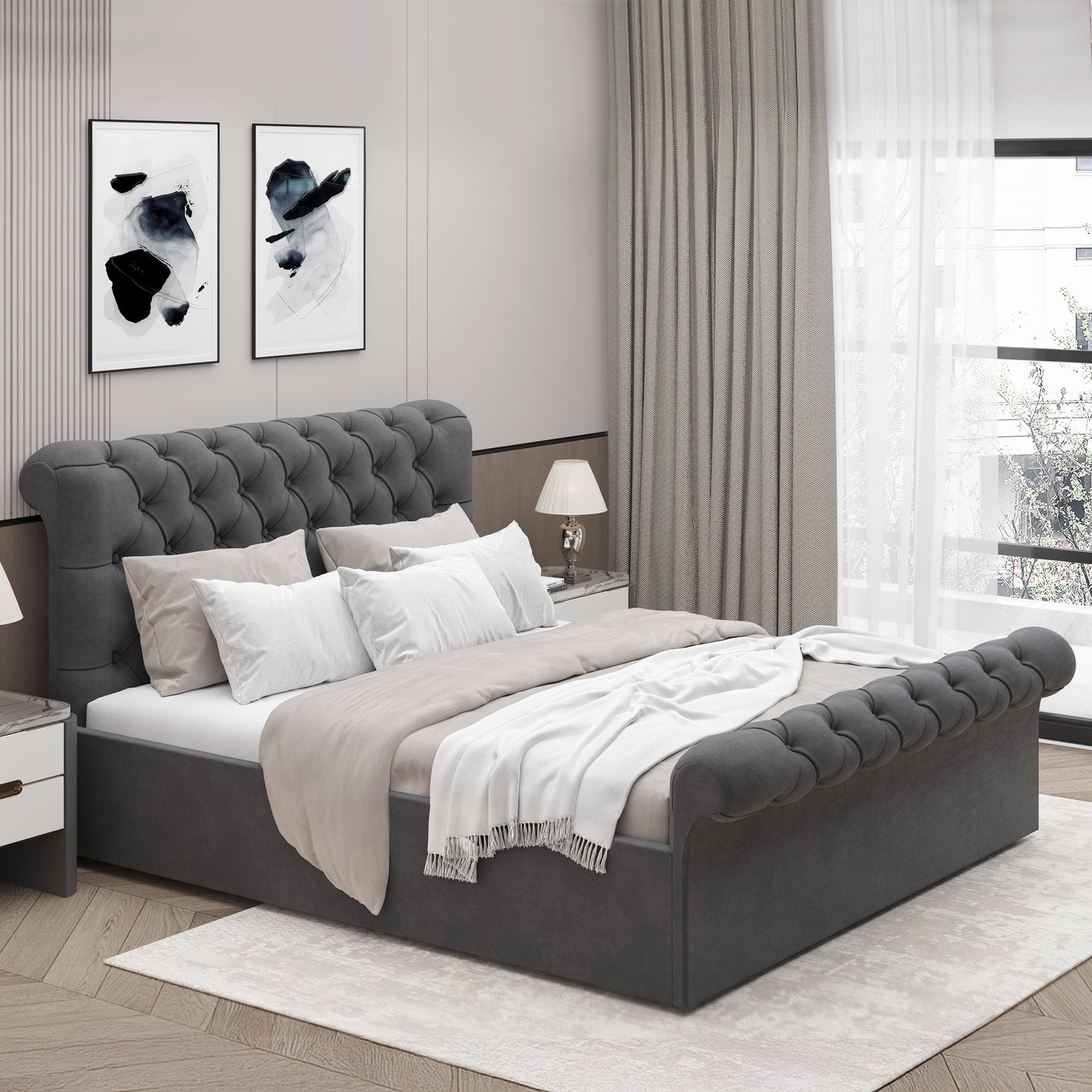 Dark grey Chesterfield Ottoman Storage Bed in king size, side lift ottoman bed frame with tufted headboard and footboard.