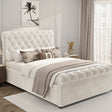 Beige upholstered bed with decorative pillows in a bedroom setting.