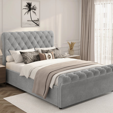Gray upholstered bed with tufted headboard in a bedroom setting.