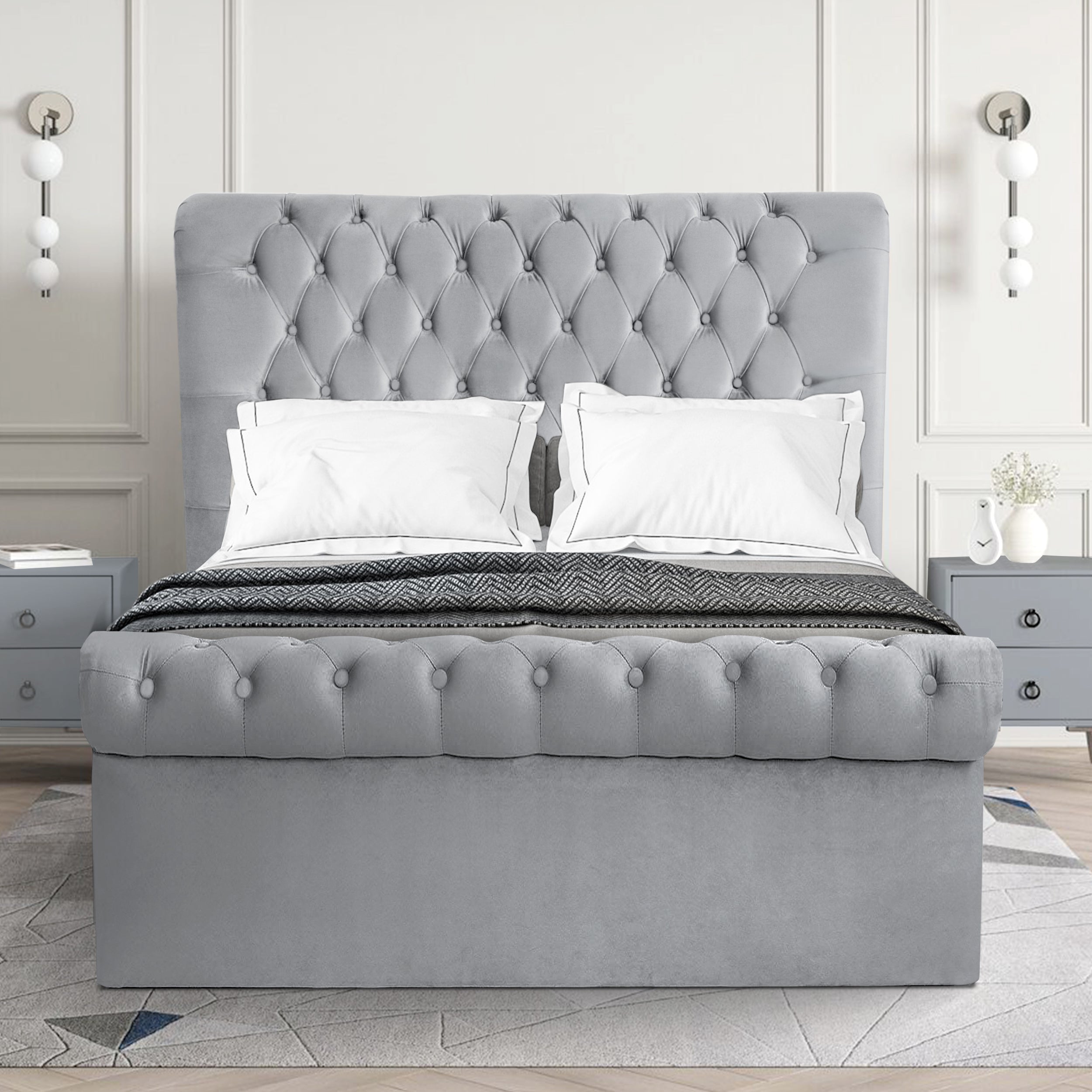 Chesterfield king size ottoman bed with tufted design and spacious storage underneath.