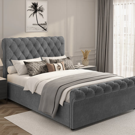 Gray upholstered bed with tufted design in a bedroom setting.