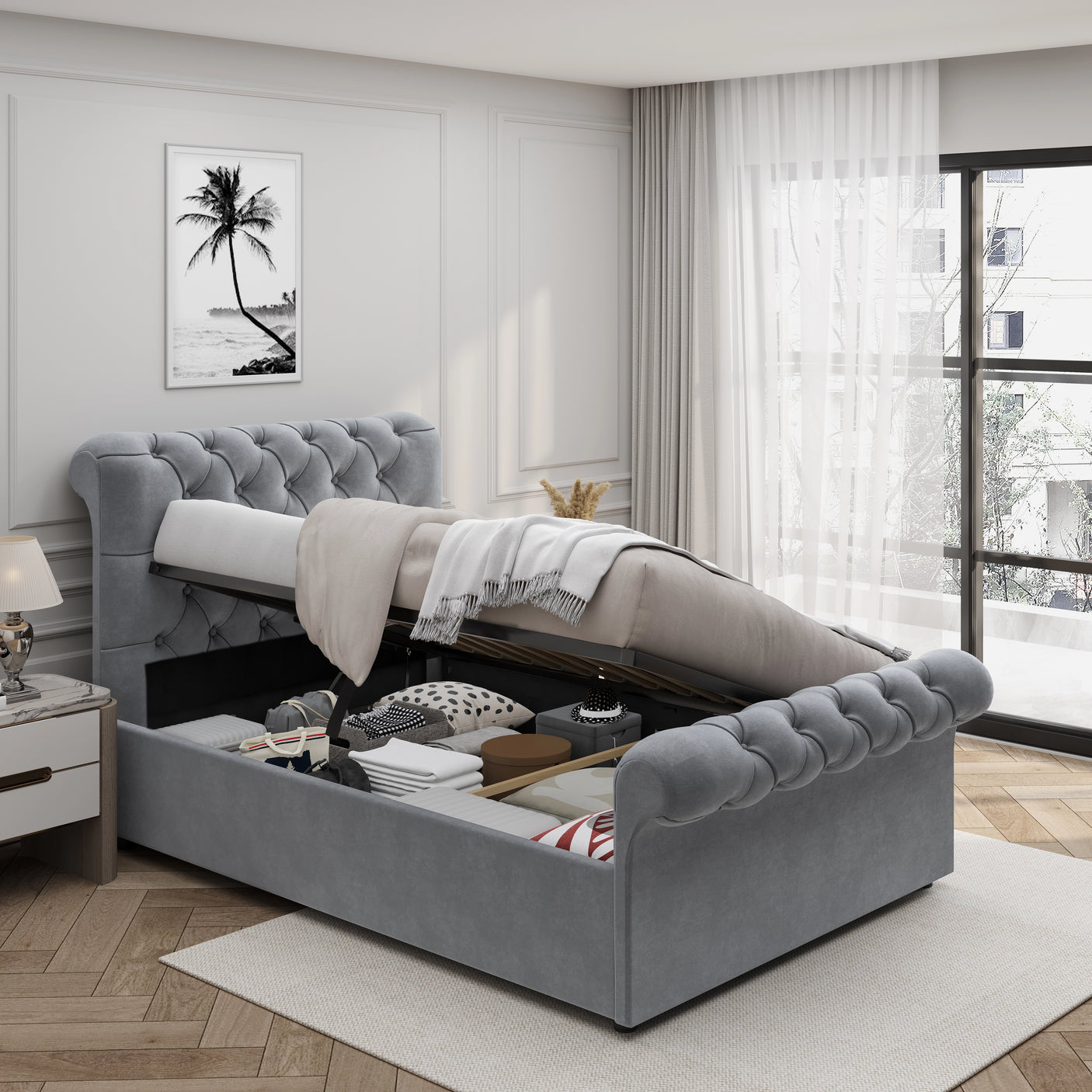 Light grey single ottoman bed frame with side lift storage open, showcasing hidden storage compartments under the mattress.