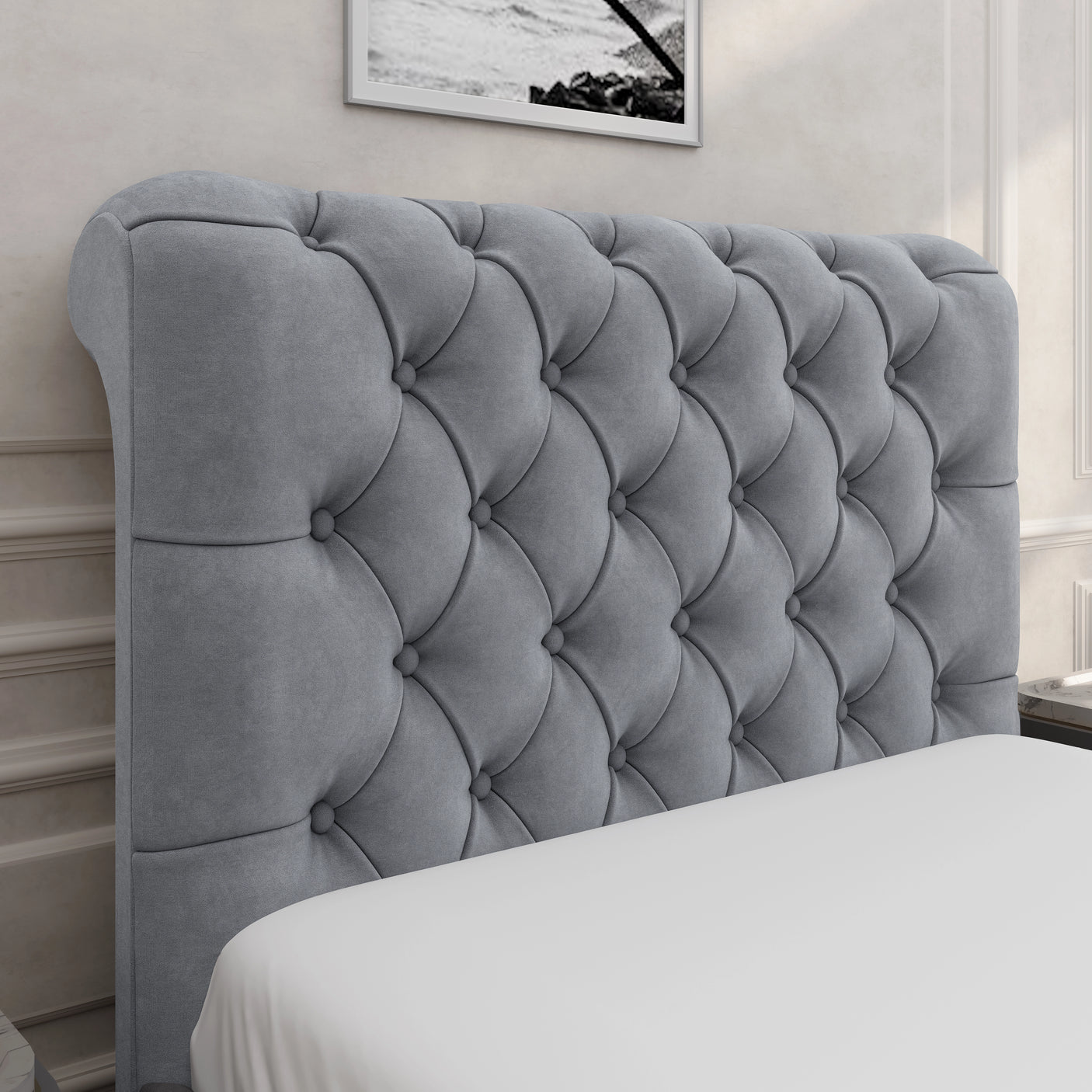 Detailed view of light grey tufted Chesterfield headboard, part of the side lift ottoman storage bed frame collection.