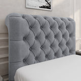 Detailed view of light grey tufted Chesterfield headboard, part of the side lift ottoman storage bed frame collection.