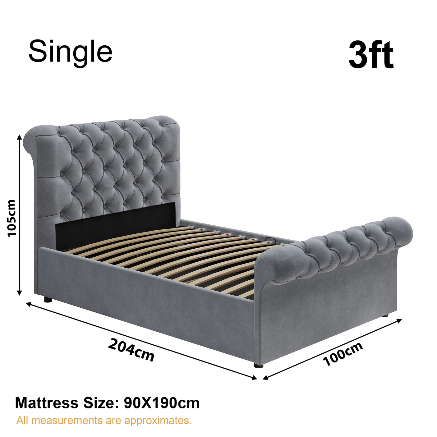 Single size light grey Chesterfield ottoman bed frame dimensions: 204cm x 100cm, mattress size 90x190cm, side lift storage.