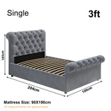 Single size light grey Chesterfield ottoman bed frame dimensions: 204cm x 100cm, mattress size 90x190cm, side lift storage.