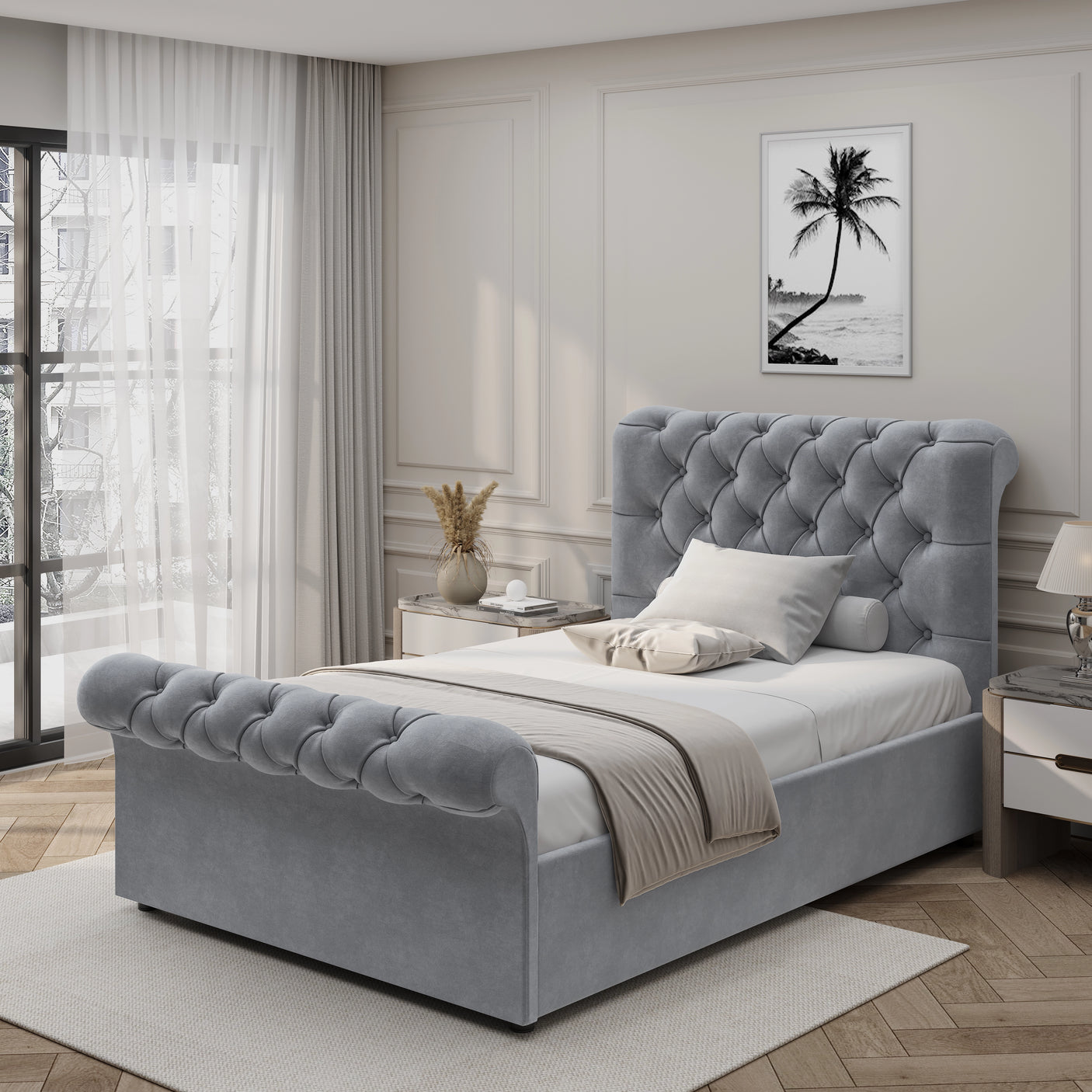 Elegant light grey Chesterfield single bed with side lift ottoman storage, rolled headboard and footboard, ideal for compact bedrooms.