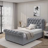 Elegant light grey Chesterfield single bed with side lift ottoman storage, rolled headboard and footboard, ideal for compact bedrooms.