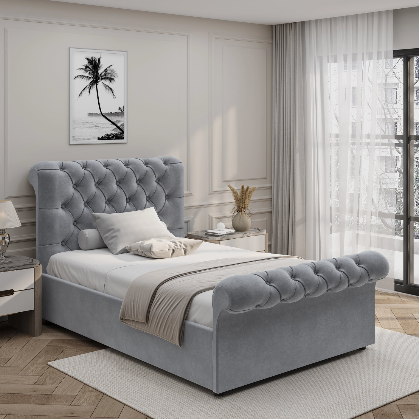 Light grey Chesterfield Ottoman Storage Bed in single size, side lift storage bed frame with tufted headboard and footboard.